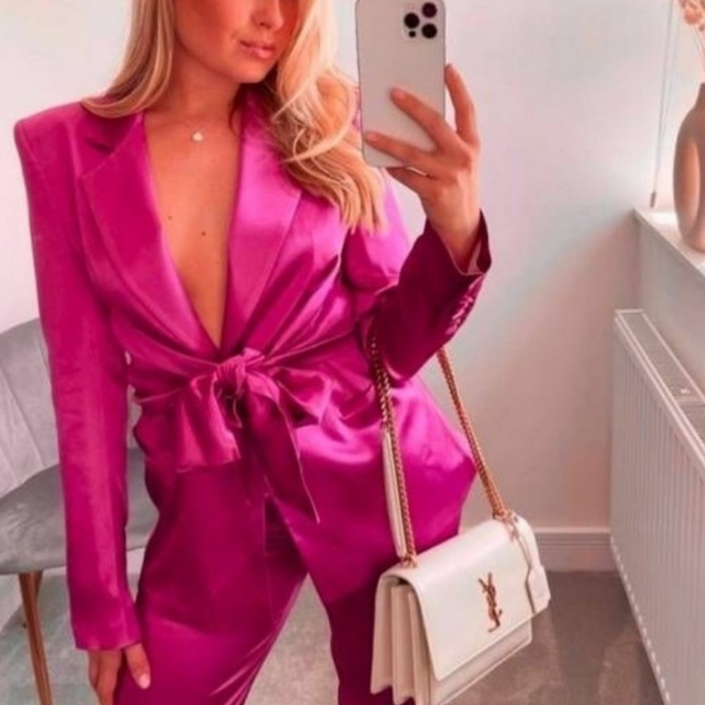 New Zara Pink Satin One Button Structured Tie Sash Front Blazer - Picture 4 of 16